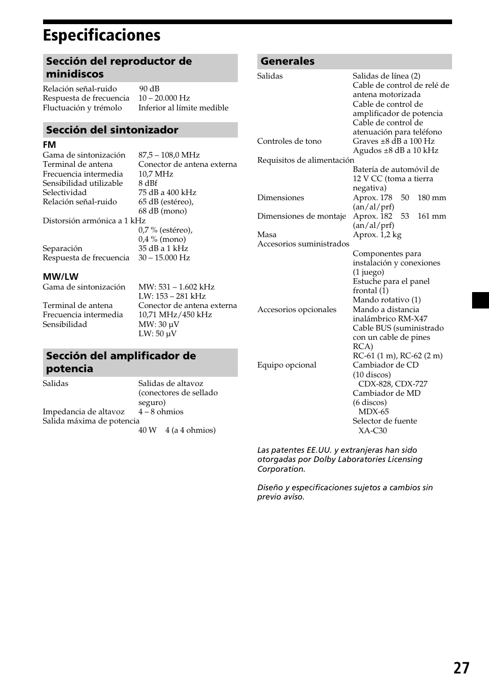 27 especificaciones, Sección del reproductor de minidiscos, Sección del sintonizador | Sección del amplificador de potencia, Generales | Sony MDX-C7970R User Manual | Page 55 / 116