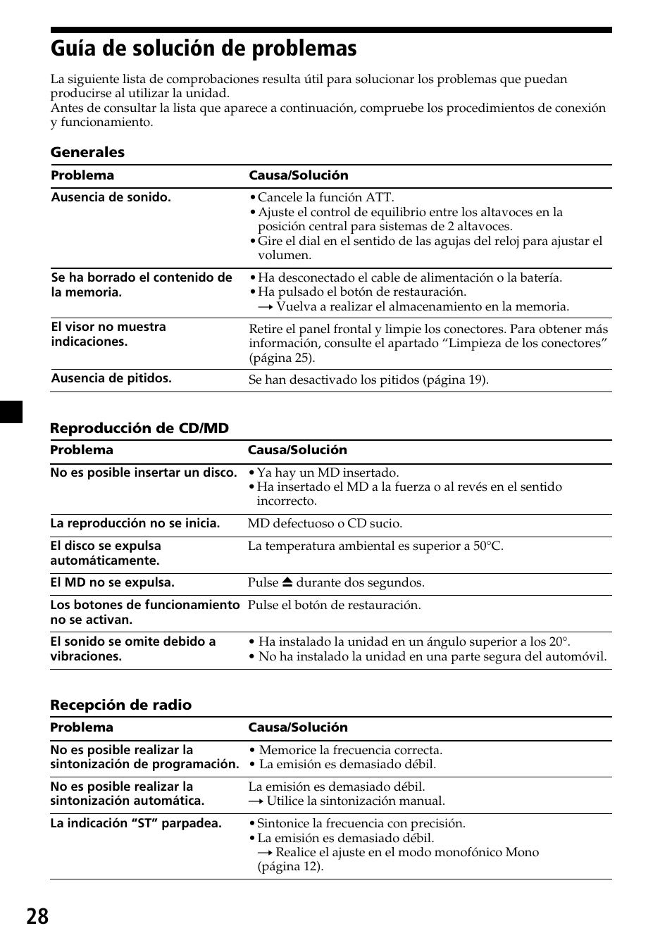 28 guía de solución de problemas | Sony MDX-C7970R User Manual | Page 56 / 116
