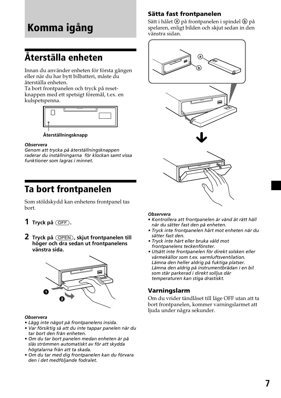 Komma igång, Återställa enheten, Ta bort frontpanelen | Sony MDX-C7970R User Manual | Page 63 / 116