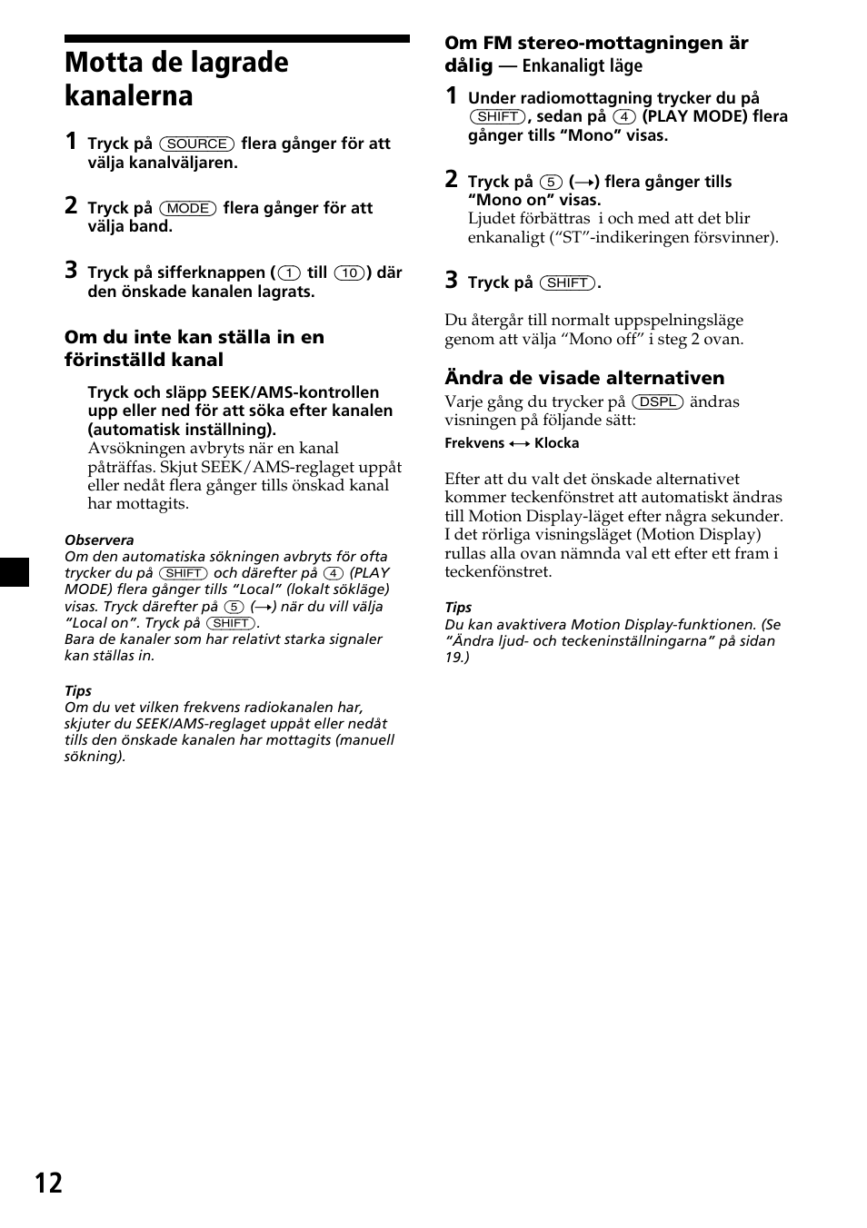 Motta de lagrade kanalerna, 12 motta de lagrade kanalerna | Sony MDX-C7970R User Manual | Page 68 / 116