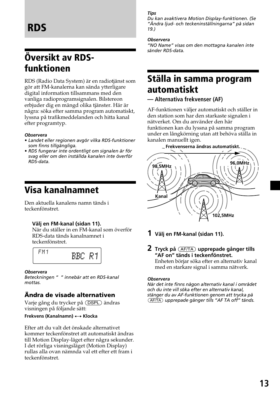 Översikt av rds-funktionen, Visa kanalnamnet, Översikt av rds- funktionen | Ställa in samma program automatiskt | Sony MDX-C7970R User Manual | Page 69 / 116