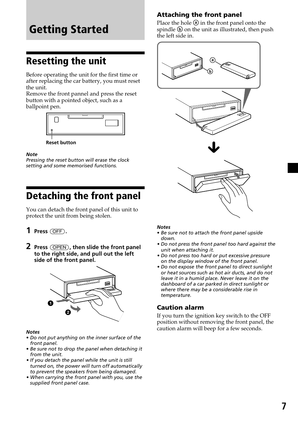 Getting started, Resetting the unit, Detaching the front panel | Sony MDX-C7970R User Manual | Page 7 / 116