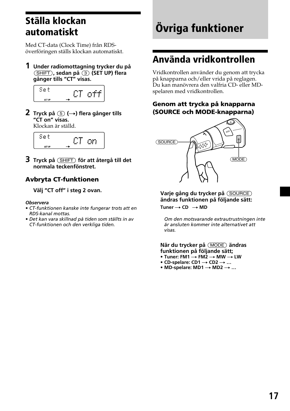 Ställa klockan automatiskt, Övriga funktioner, Använda vridkontrollen | 17 ställa klockan automatiskt | Sony MDX-C7970R User Manual | Page 73 / 116