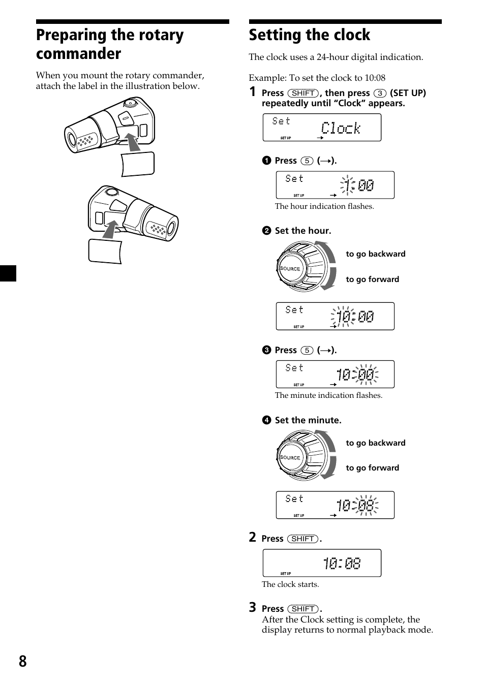 Md player, 8preparing the rotary commander, Setting the clock | Sony MDX-C7970R User Manual | Page 8 / 116
