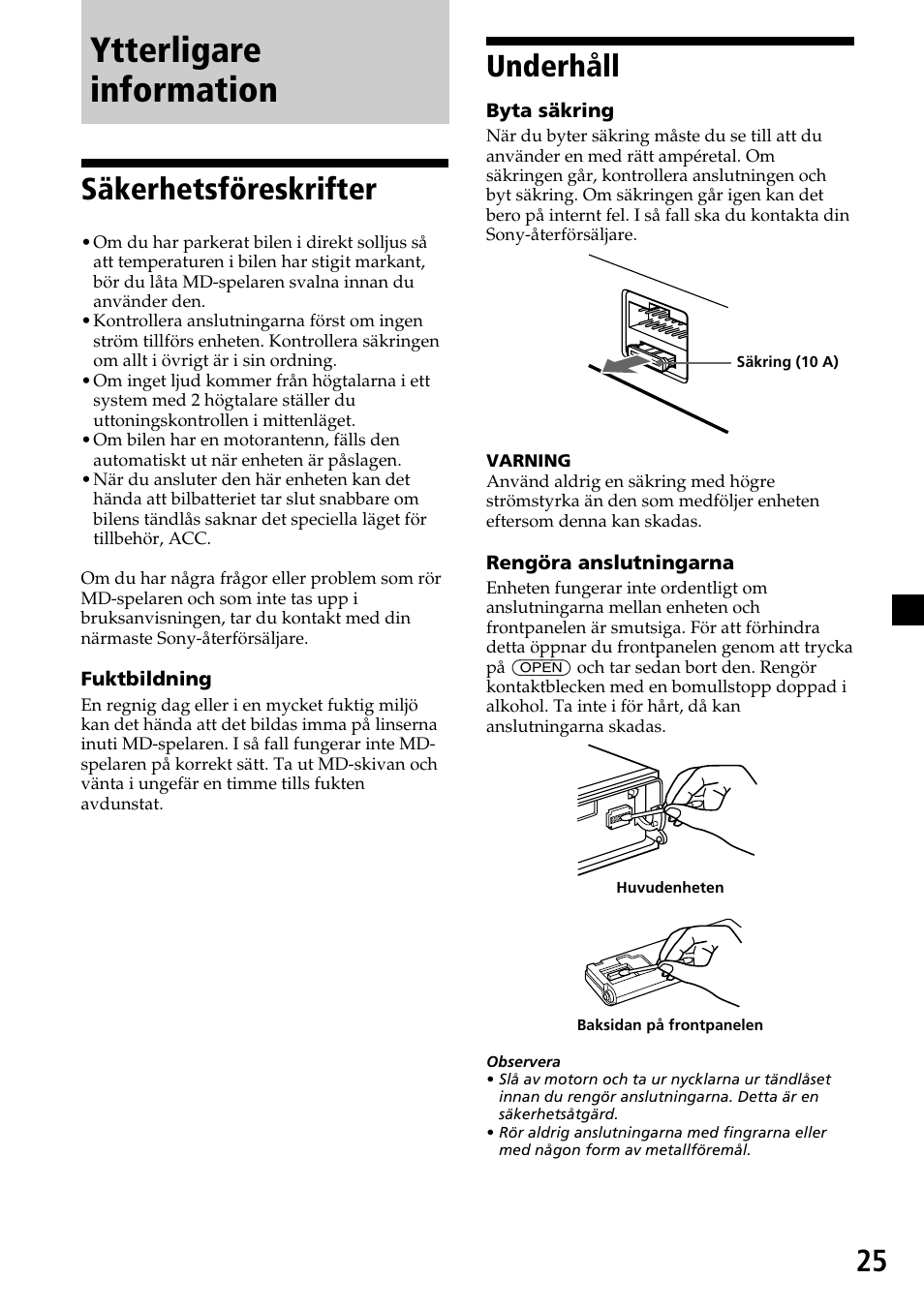 Ytterligare information, Säkerhetsföreskrifter, Underhåll | Sony MDX-C7970R User Manual | Page 81 / 116