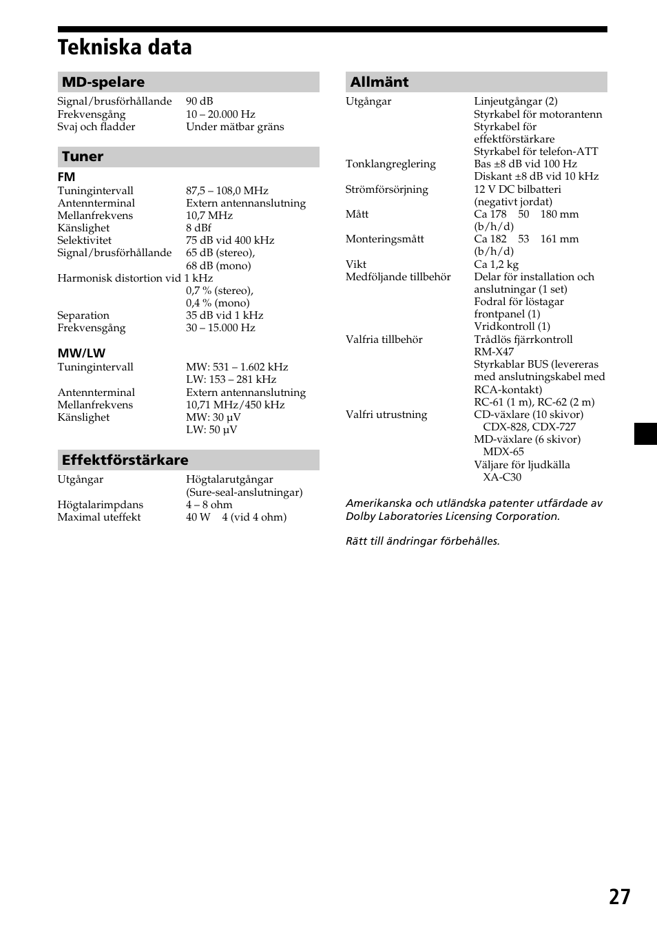 27 tekniska data, Allmänt, Md-spelare | Tuner, Effektförstärkare | Sony MDX-C7970R User Manual | Page 83 / 116