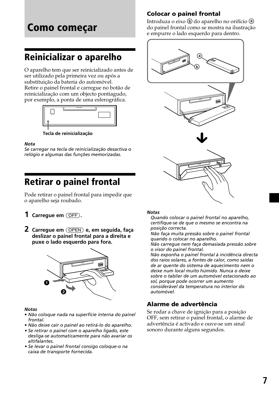 Como começar, Reinicializar o aparelho, Retirar o painel frontal | Sony MDX-C7970R User Manual | Page 91 / 116