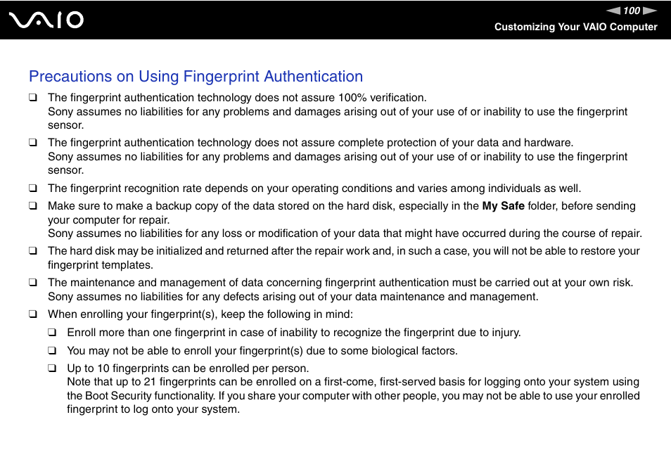 Precautions on using fingerprint authentication | Sony ICD VGN-UX200 User Manual | Page 100 / 194