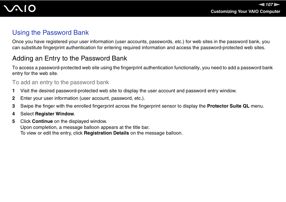 Using the password bank, Adding an entry to the password bank | Sony ICD VGN-UX200 User Manual | Page 107 / 194