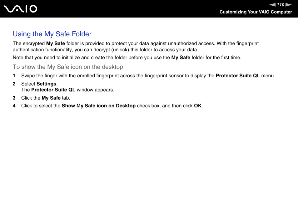 Using the my safe folder | Sony ICD VGN-UX200 User Manual | Page 110 / 194