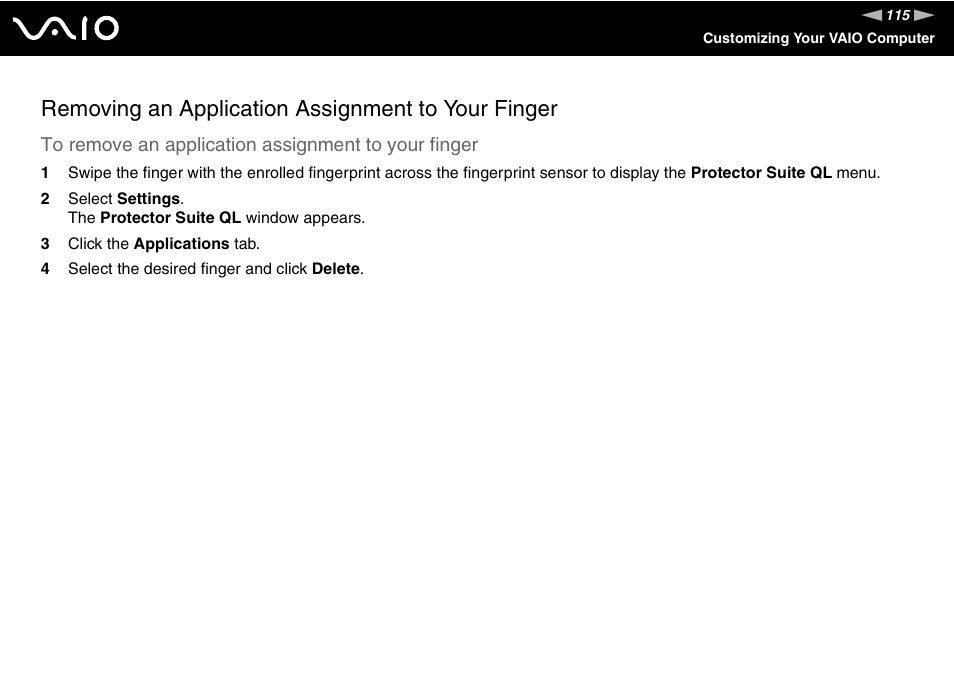 Removing an application assignment to your finger | Sony ICD VGN-UX200 User Manual | Page 115 / 194