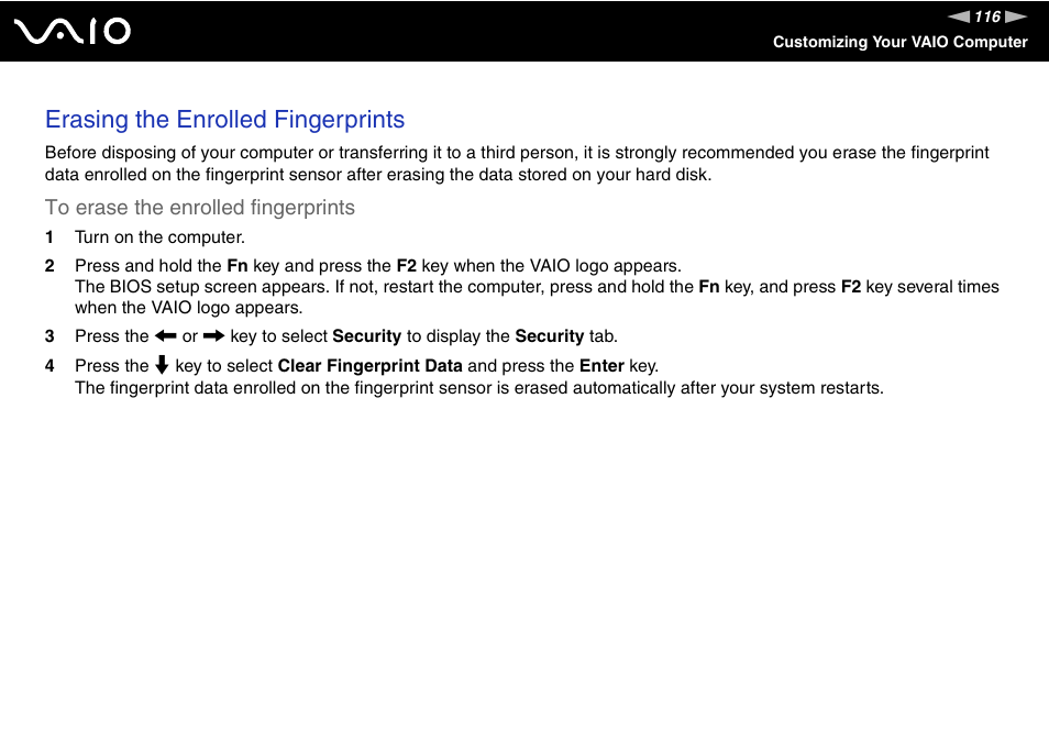 Erasing the enrolled fingerprints | Sony ICD VGN-UX200 User Manual | Page 116 / 194