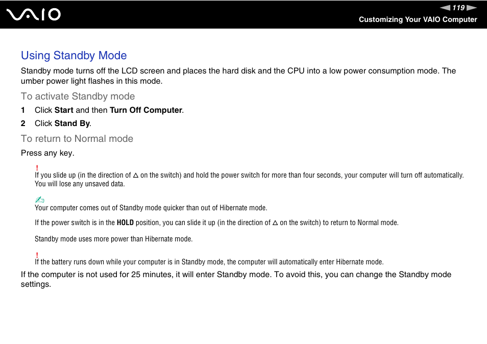 Using standby mode | Sony ICD VGN-UX200 User Manual | Page 119 / 194