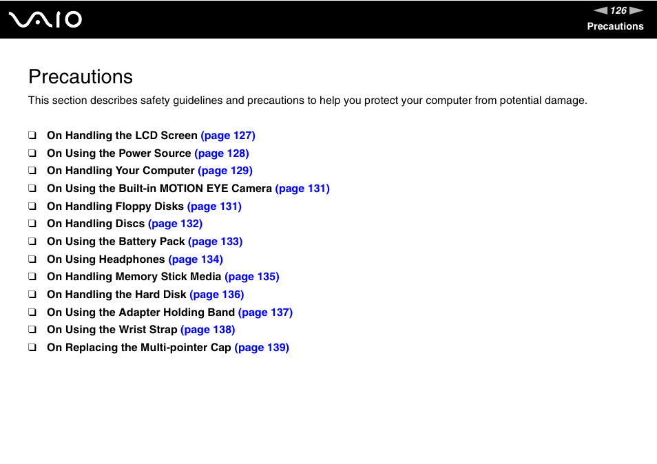 Precautions | Sony ICD VGN-UX200 User Manual | Page 126 / 194