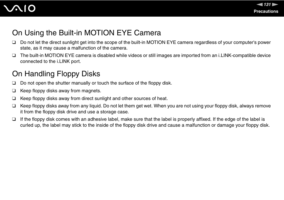 On using the built-in motion eye camera, On handling floppy disks | Sony ICD VGN-UX200 User Manual | Page 131 / 194