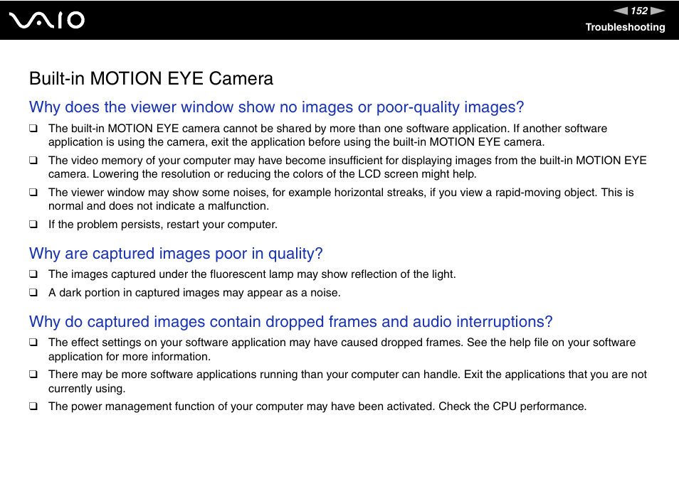 Built-in motion eye camera, Why are captured images poor in quality | Sony ICD VGN-UX200 User Manual | Page 152 / 194