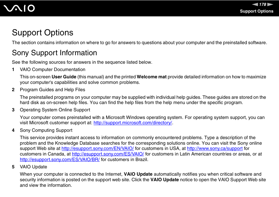 Support options, Sony support information | Sony ICD VGN-UX200 User Manual | Page 178 / 194