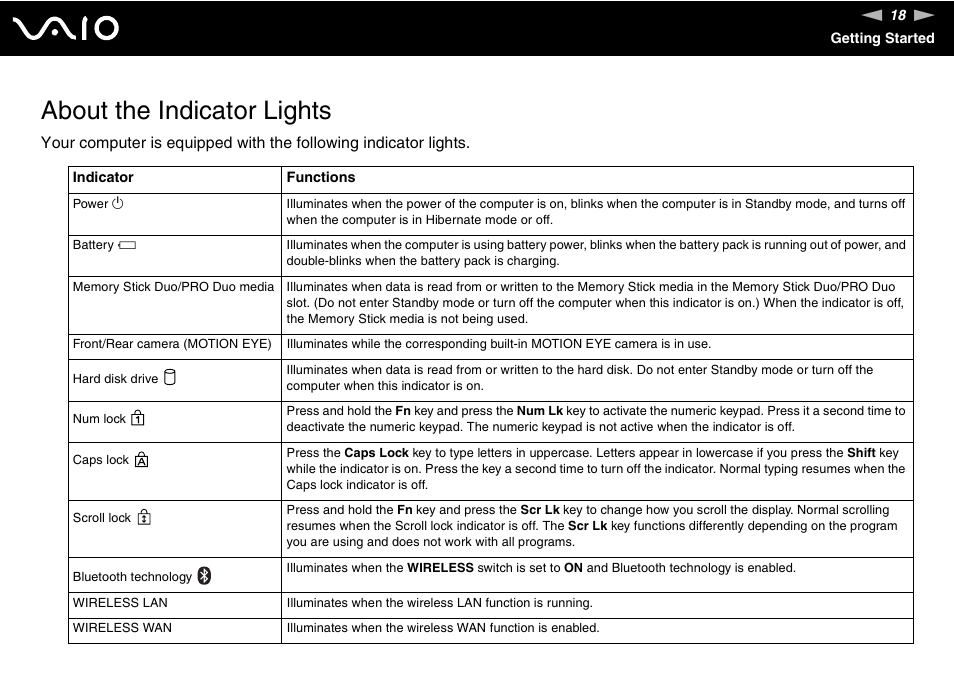 About the indicator lights | Sony ICD VGN-UX200 User Manual | Page 18 / 194