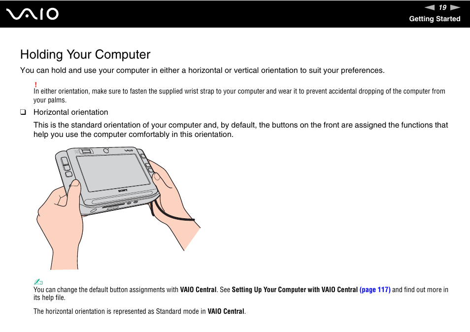 Holding your computer | Sony ICD VGN-UX200 User Manual | Page 19 / 194