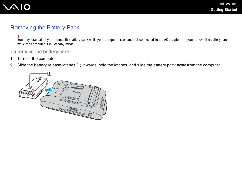 Removing the battery pack | Sony ICD VGN-UX200 User Manual | Page 25 / 194