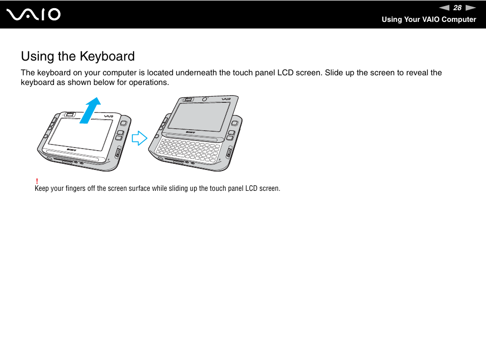 Using the keyboard | Sony ICD VGN-UX200 User Manual | Page 28 / 194