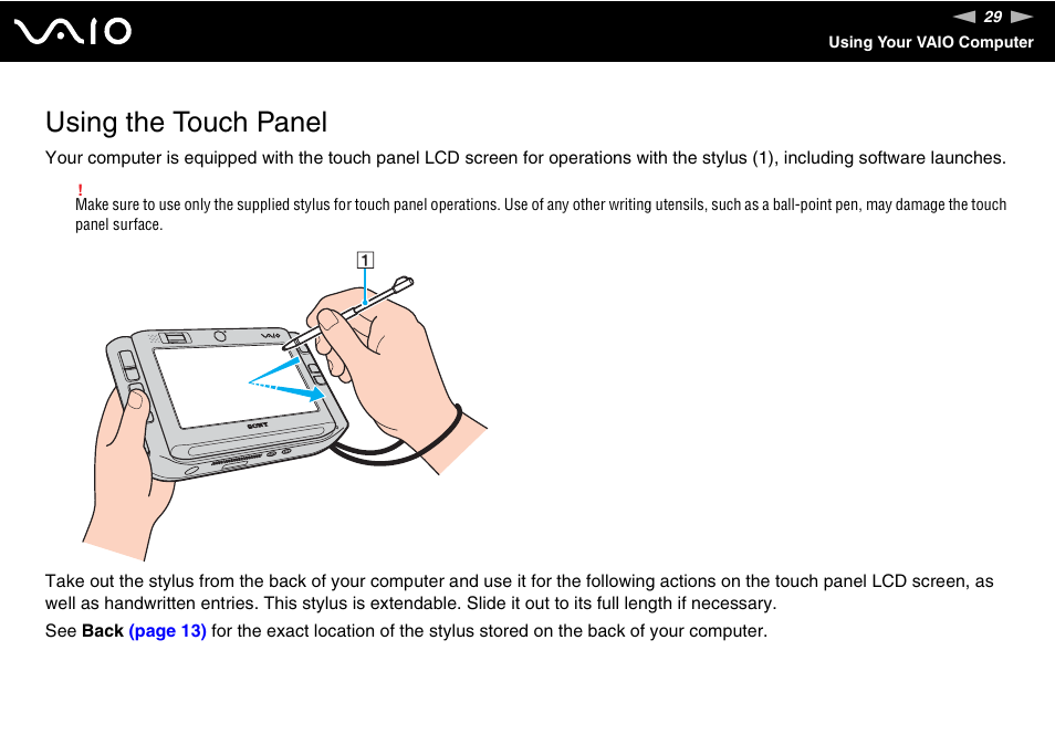 Using the touch panel | Sony ICD VGN-UX200 User Manual | Page 29 / 194