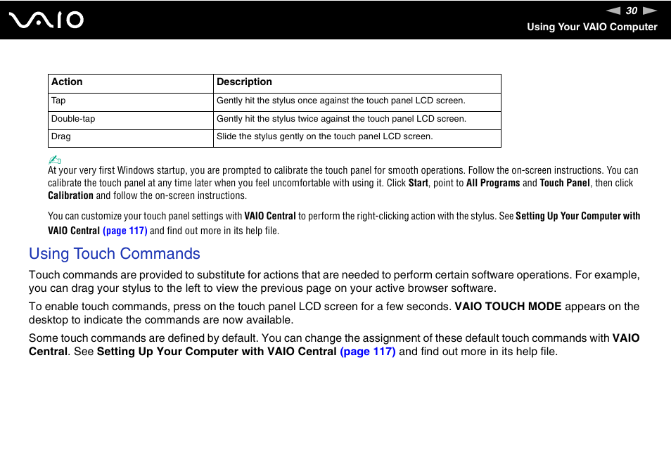 Using touch commands | Sony ICD VGN-UX200 User Manual | Page 30 / 194