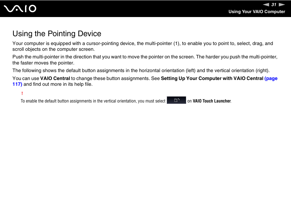 Using the pointing device | Sony ICD VGN-UX200 User Manual | Page 31 / 194