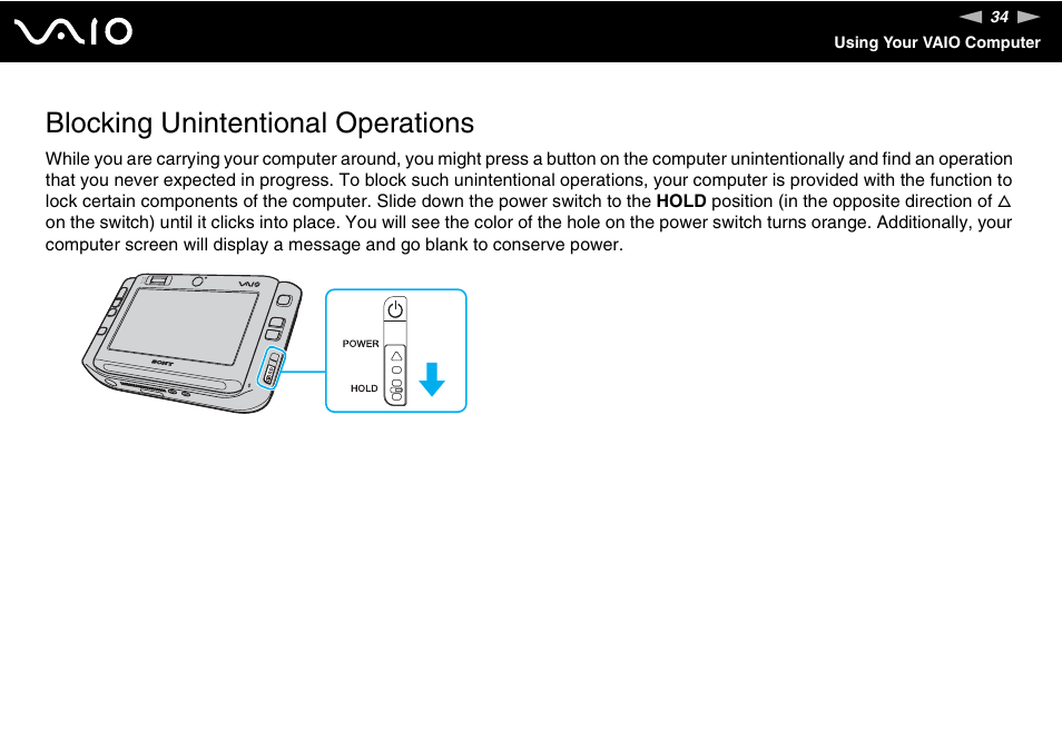 Blocking unintentional operations | Sony ICD VGN-UX200 User Manual | Page 34 / 194