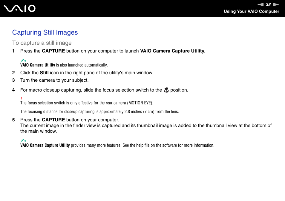 Capturing still images | Sony ICD VGN-UX200 User Manual | Page 38 / 194