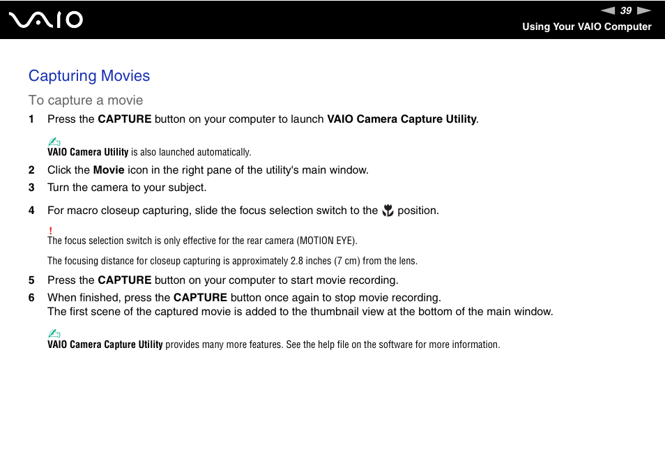 Capturing movies | Sony ICD VGN-UX200 User Manual | Page 39 / 194