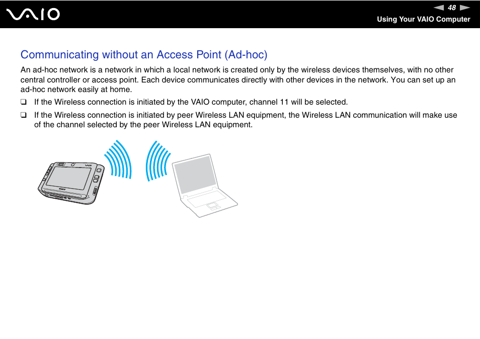 Communicating without an access point (ad-hoc) | Sony ICD VGN-UX200 User Manual | Page 48 / 194