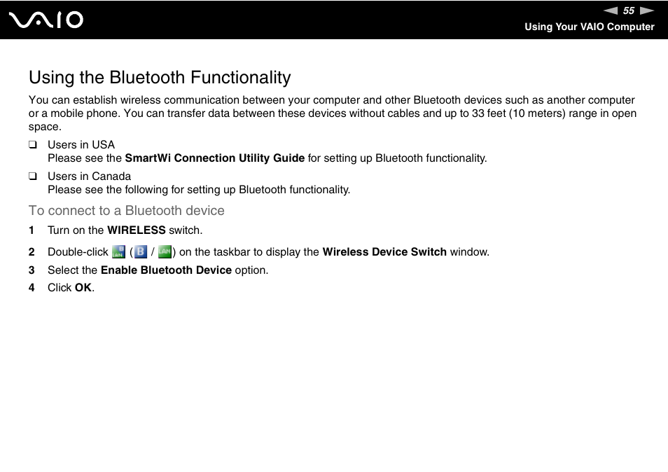 Using the bluetooth functionality | Sony ICD VGN-UX200 User Manual | Page 55 / 194