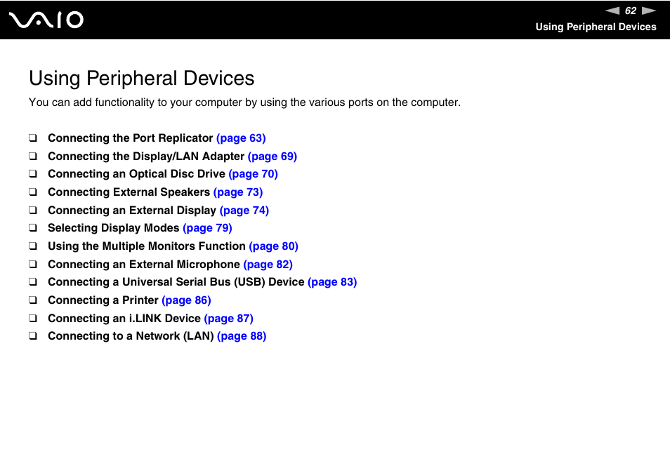 Using peripheral devices | Sony ICD VGN-UX200 User Manual | Page 62 / 194