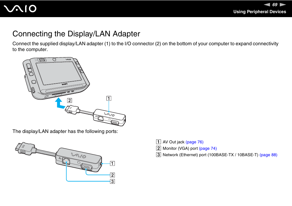 Connecting the display/lan adapter | Sony ICD VGN-UX200 User Manual | Page 69 / 194