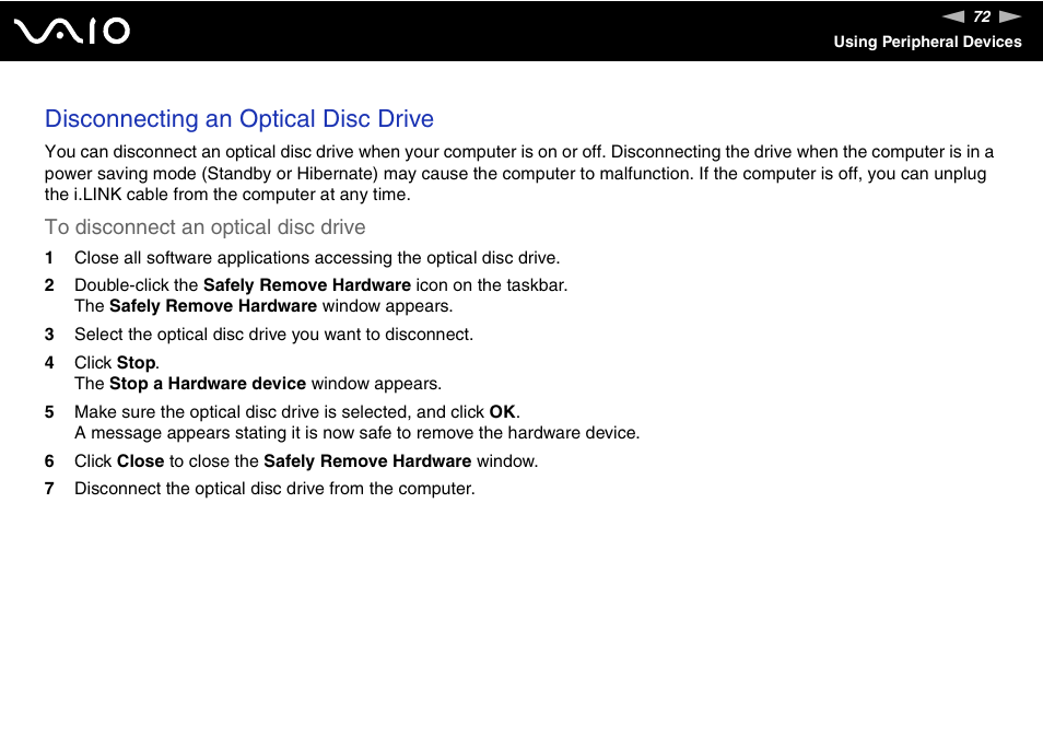 Disconnecting an optical disc drive | Sony ICD VGN-UX200 User Manual | Page 72 / 194