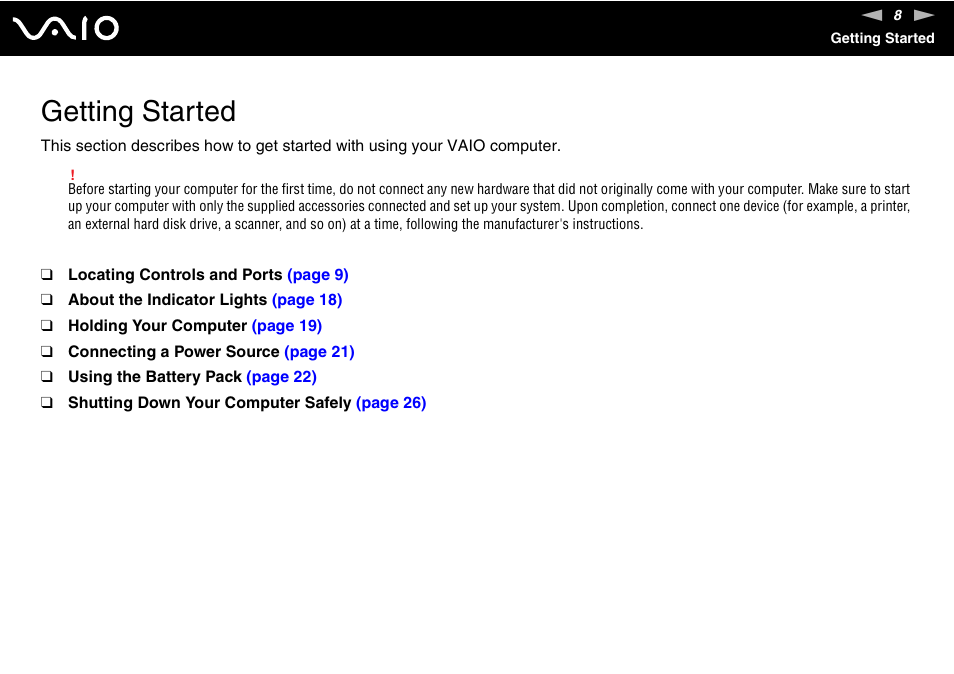 Getting started | Sony ICD VGN-UX200 User Manual | Page 8 / 194