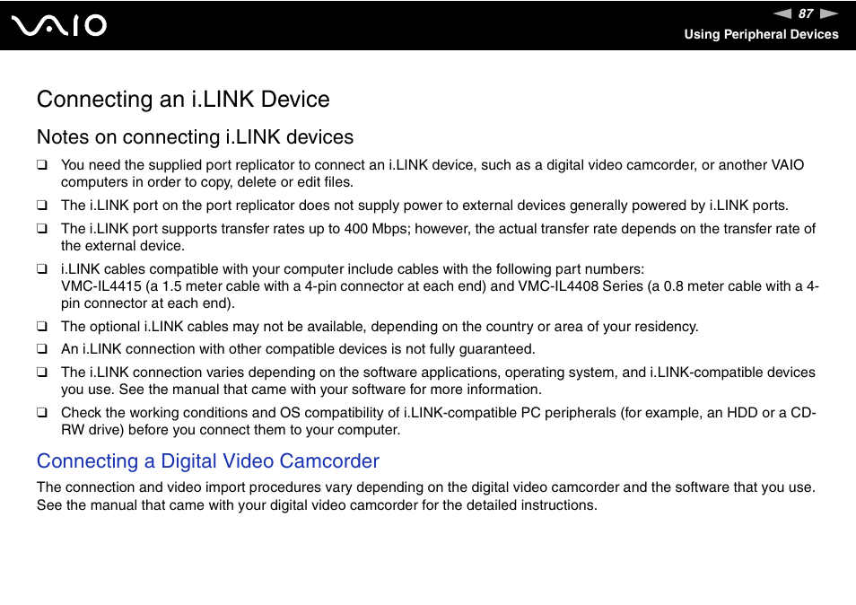 Connecting an i.link device, Connecting a digital video camcorder | Sony ICD VGN-UX200 User Manual | Page 87 / 194