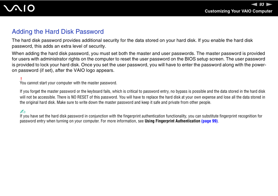 Adding the hard disk password | Sony ICD VGN-UX200 User Manual | Page 93 / 194