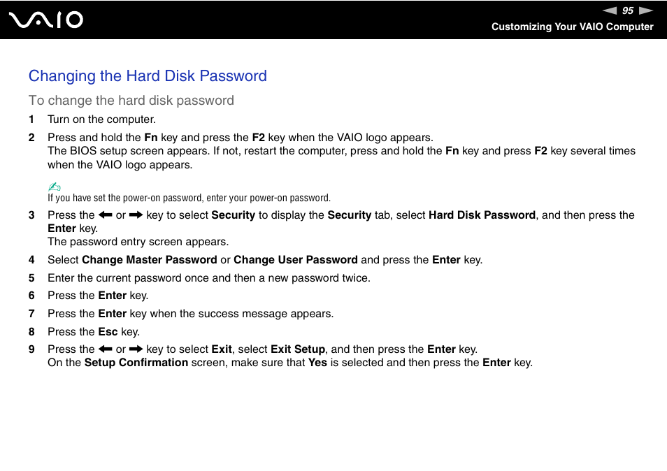 Changing the hard disk password | Sony ICD VGN-UX200 User Manual | Page 95 / 194