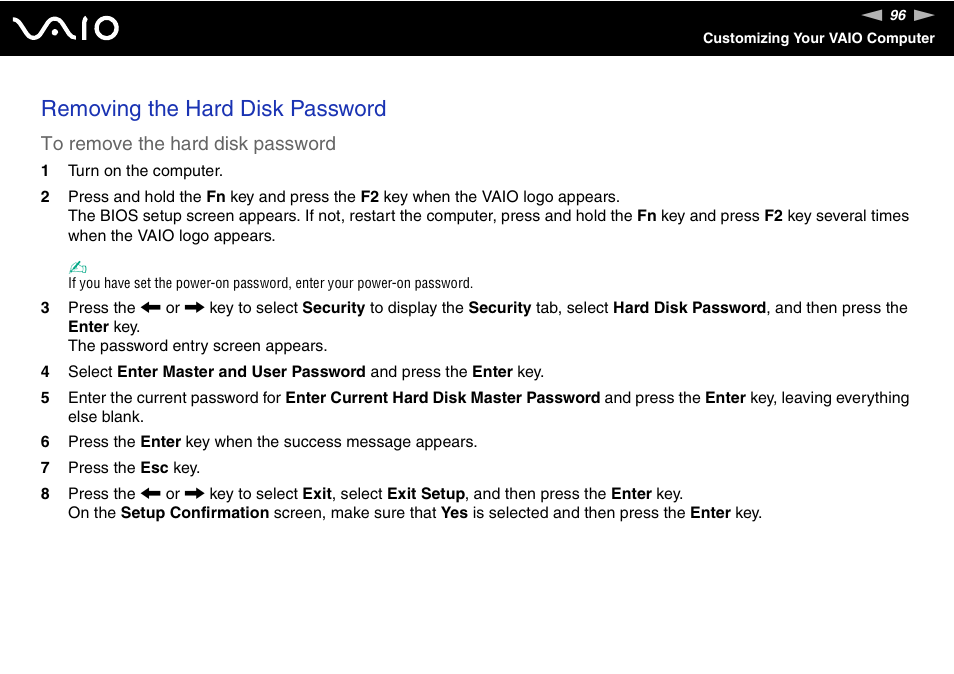 Removing the hard disk password | Sony ICD VGN-UX200 User Manual | Page 96 / 194