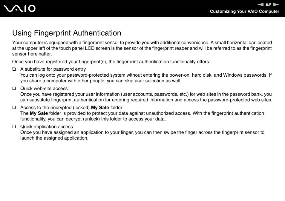 Using fingerprint authentication, Tion | Sony ICD VGN-UX200 User Manual | Page 99 / 194