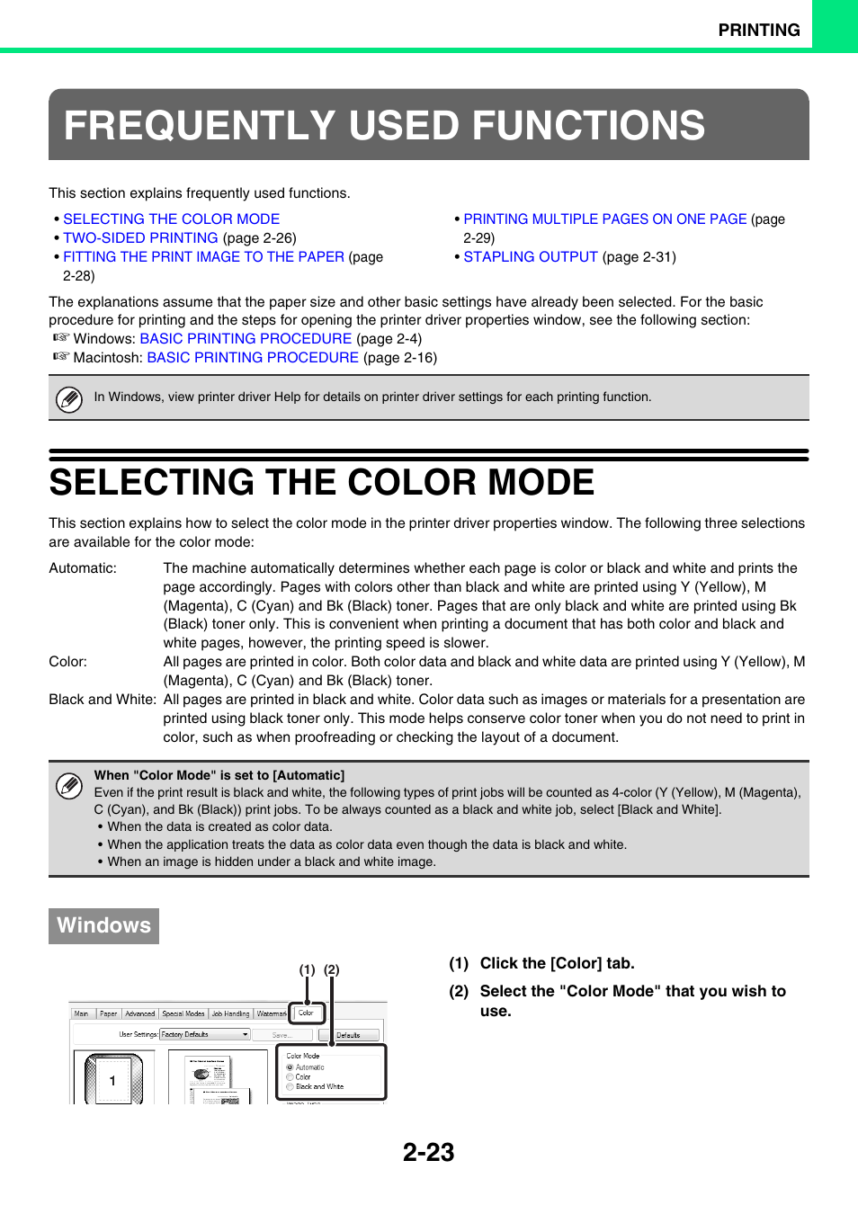 Frequently used functions, Selecting the color mode -23, Selecting the color mode | Windows | Sony MX-C400P User Manual | Page 102 / 257