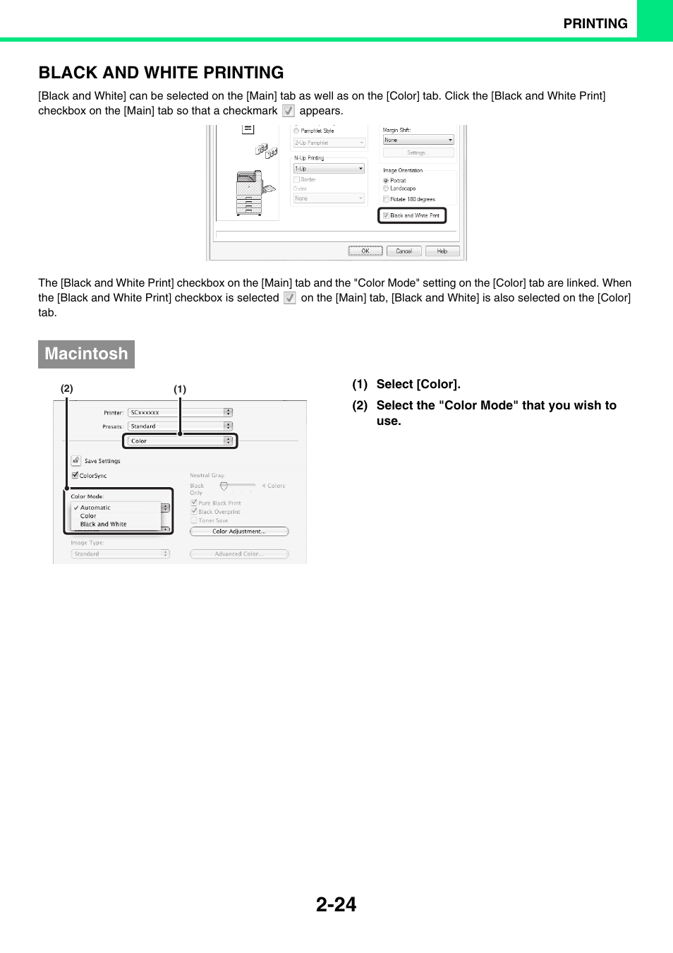 Black and white printing, Macintosh | Sony MX-C400P User Manual | Page 103 / 257