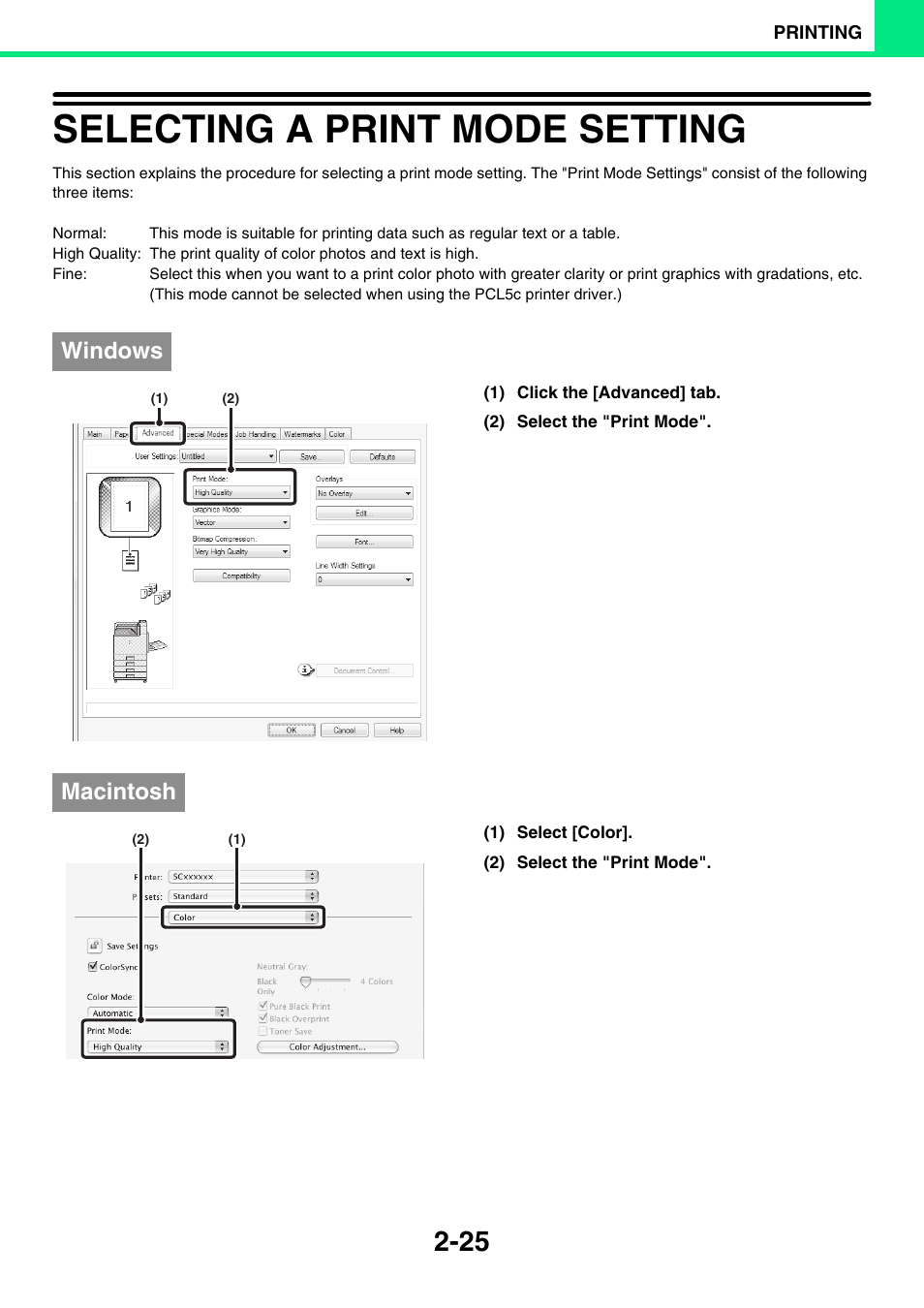 Selecting a print mode setting -25, Selecting a print mode setting, Windows | Macintosh | Sony MX-C400P User Manual | Page 104 / 257