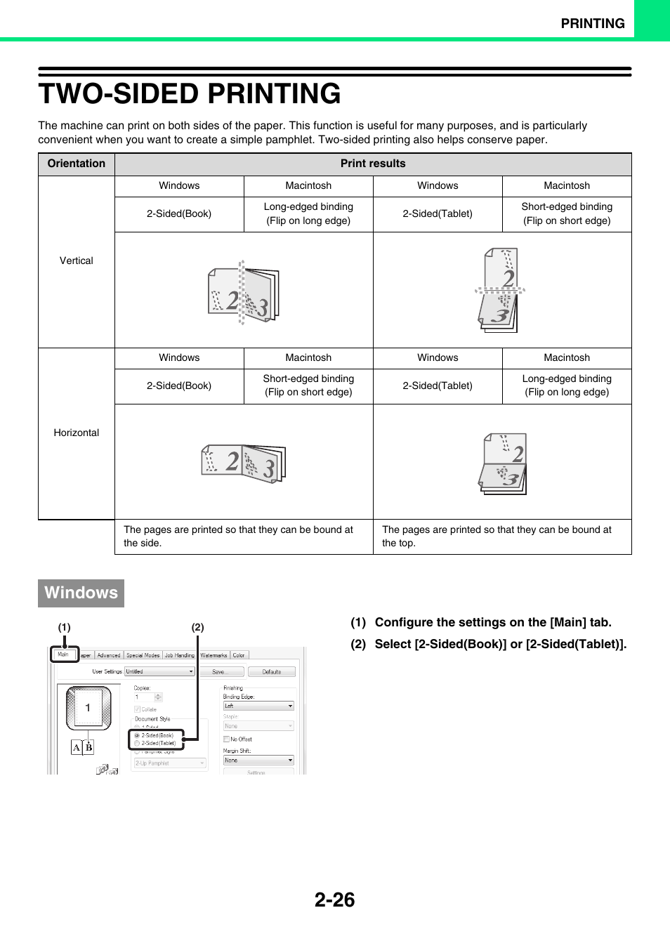 Two-sided printing -26, Two-sided printing, E 2-26 | Windows | Sony MX-C400P User Manual | Page 105 / 257