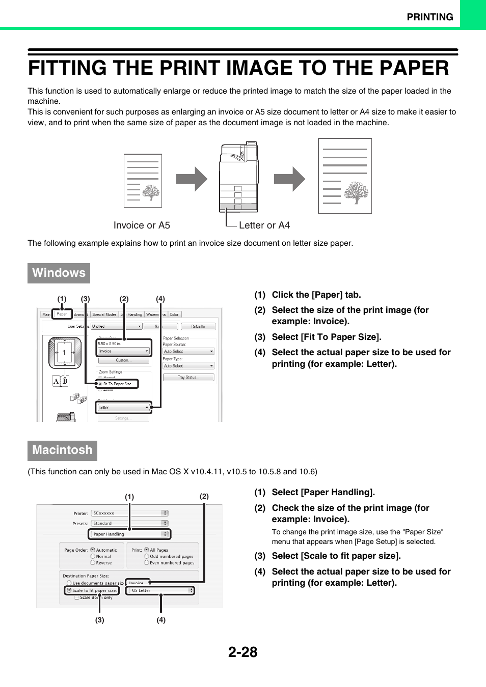 Fitting the print image to the paper -28, Fitting the print image to the paper, Windows | Macintosh | Sony MX-C400P User Manual | Page 107 / 257