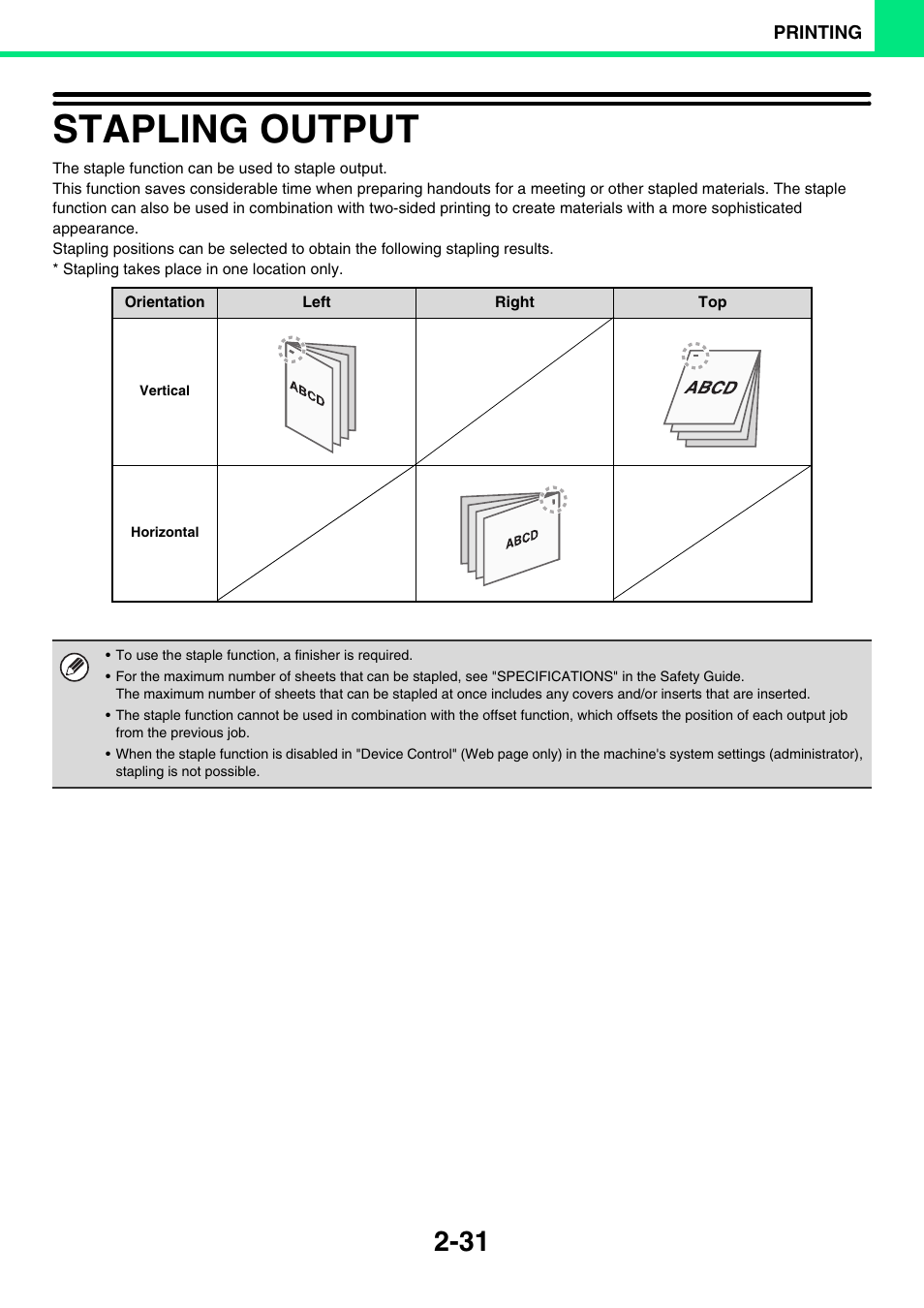 Stapling output -31, Stapling output, E 2-31 | Sony MX-C400P User Manual | Page 110 / 257