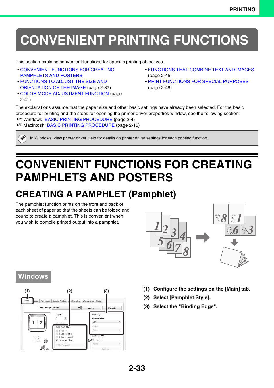 Convenient printing functions, Creating a pamphlet (pamphlet) -33, Creating a pamphlet (pamphlet) | Windows | Sony MX-C400P User Manual | Page 112 / 257