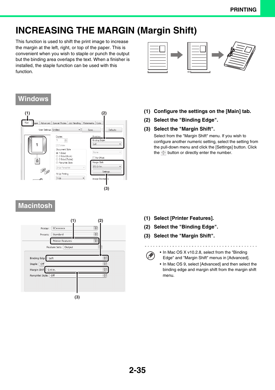 Increasing the margin (margin shift) -35, Increasing the margin (margin shift), Windows | Macintosh | Sony MX-C400P User Manual | Page 114 / 257